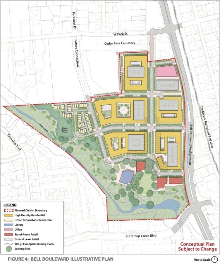The planned Bell District includes residential, commercial and civic areas. (Map courtesy city of Cedar Park)
