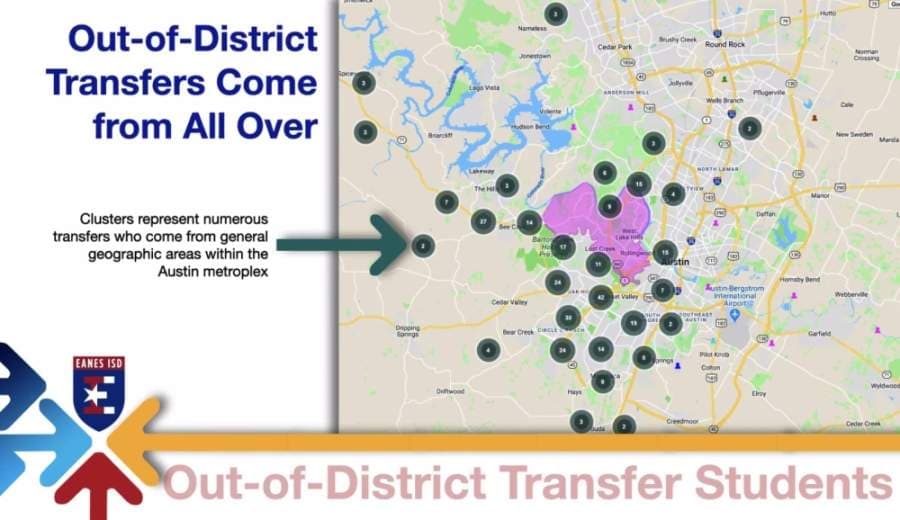 Eanes ISD trustees viewed a map out where out-of-district transfers commute from, with the largest number transferring from the Southwest Austin area. (Courtesy Eanes ISD)