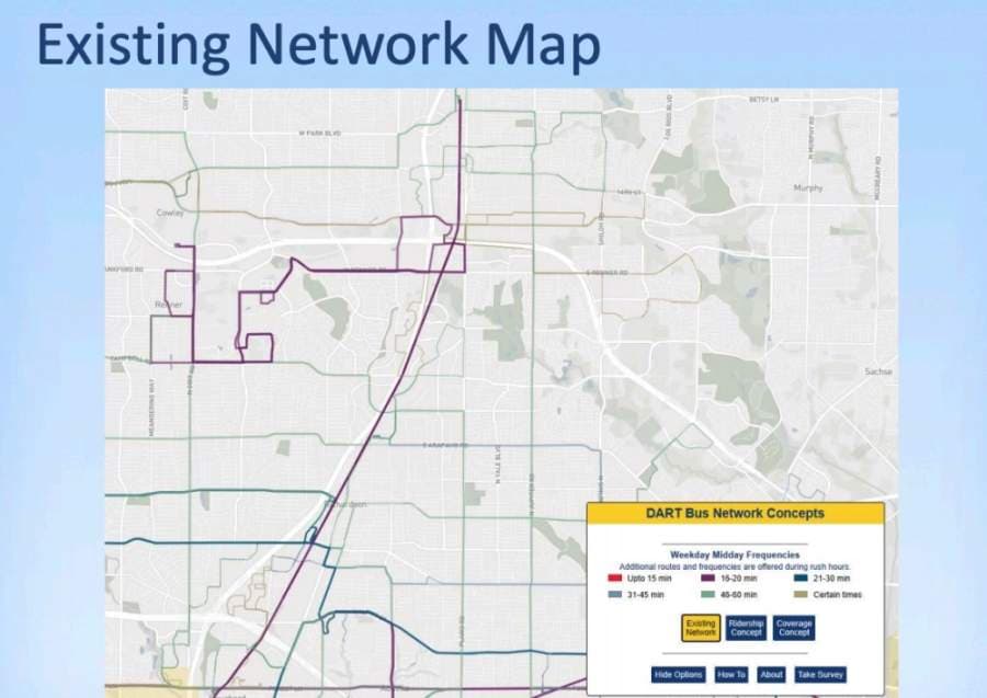Currently, about 55% of DART’s bus service focuses on high ridership routes, while the rest is used to provide coverage. This map shows existing bus service in Richardson. (Courtesy city of Richardson)  