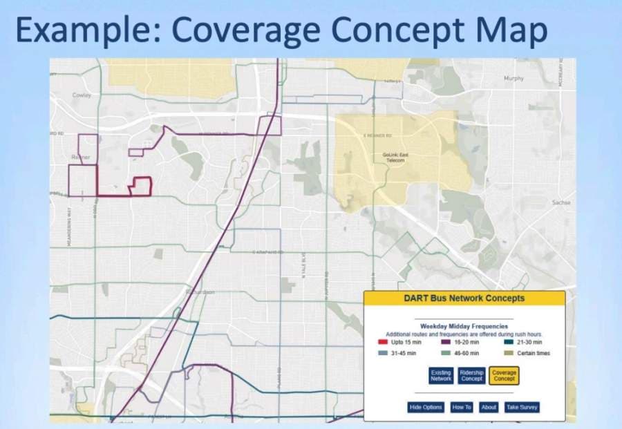 The coverage concept would  provide less frequent bus service to a larger geographic area. (Courtesy city of Richardson)