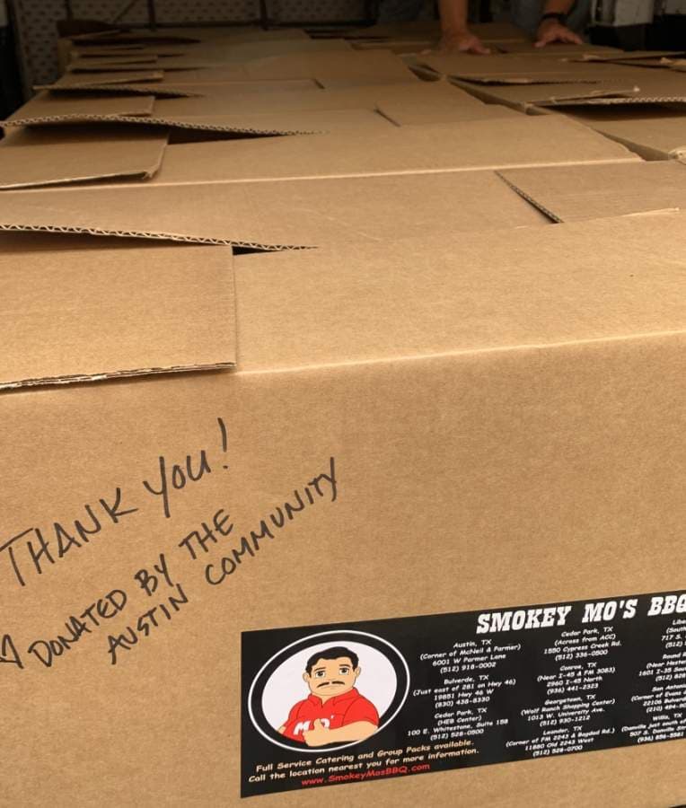 A thank-you note is scribbled on a box of food about to be delivered to Cedar Park Regional Medical Center on May 5. (Courtesy Smokey Mo's BBQ)