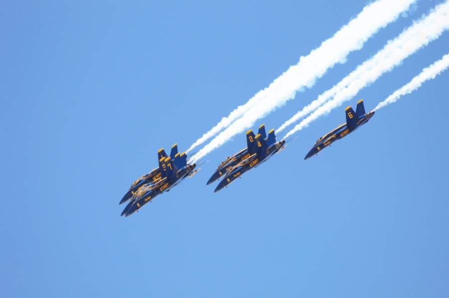 The U.S. Navy Blue Angels conduct a flyover of the Dallas-Fort Worth metroplex in support of first responders, health care and essential workers during the pandemic. (Ian Pribanic/Community Impact Newspaper)