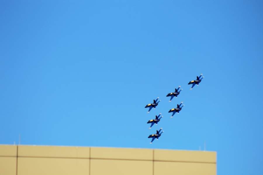 Blue Angels pilots cut their engines to salute frontline workers at Texas Health Alliance hospital during the pandemic. (Ian Pribanic/Community Impact Newspaper)