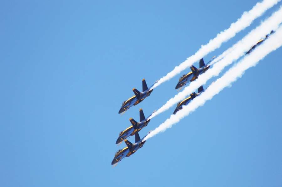 The U.S. Navy Blue Angels conduct a flyover of the Dallas-Fort Worth metroplex in support of first responders, health care and essential workers during the pandemic. (Ian Pribanic/Community Impact Newspaper)