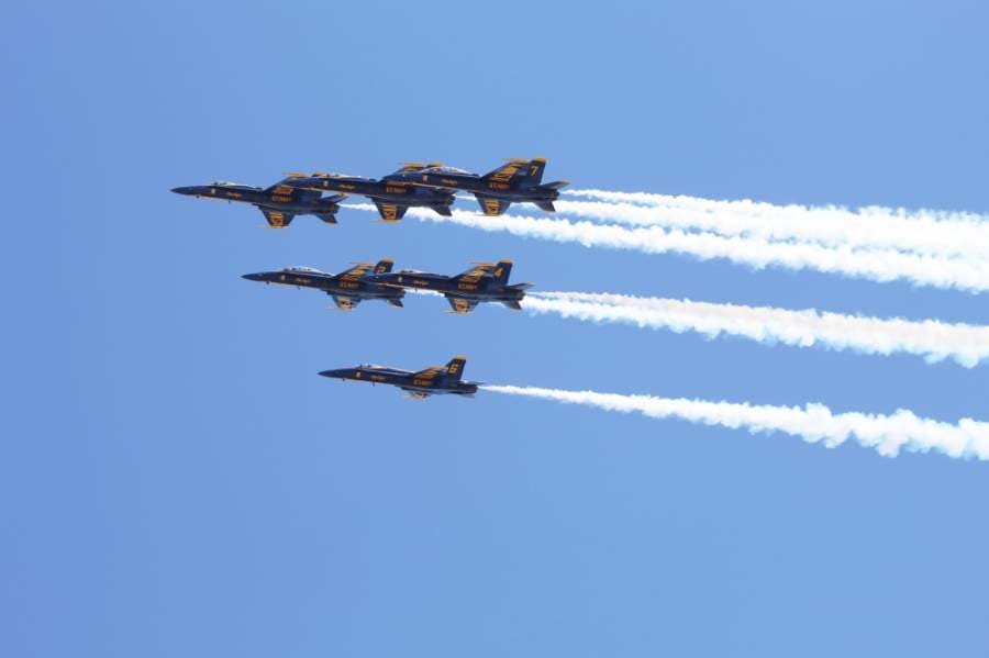 The U.S. Navy Blue Angels conduct a flyover of the Dallas-Fort Worth metroplex in support of first responders, health care and essential workers during the coronavirus pandemic. (Ian Pribanic/Community Impact Newspaper)