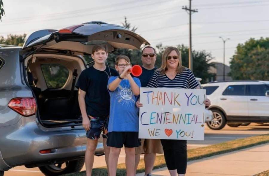 Frisco Gives Back has now organized three shift change cheers at Baylor Scott & White Medical Center—Centennial. The first, pictured here, was held April 23. (Courtesy Perry Green)
