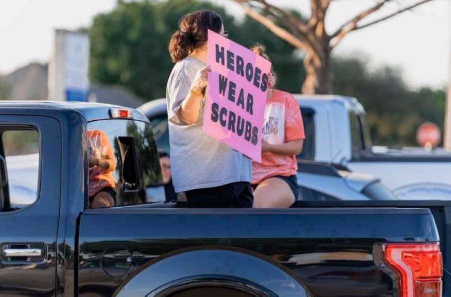 Frisco residents gathered April 23 at Baylor Scott & White Medical Center—Centennial's first shift-change cheer. (Courtesy Perry Green)