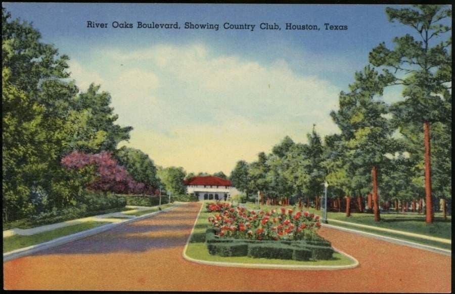 A 1937 postcard includes a colorized black-and-white photo depicting the neighborhood's esplanades and country club at the time. The neighborhood was founded in 1924. (Courtesy River Oaks Garden Club)
