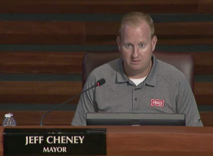 Mayor Jeff Cheney discusses the expected shortfall from the hotel-motel tax that funds the local arts grant program during the May 5 City Council meeting. (Screenshot courtesy city of Frisco)