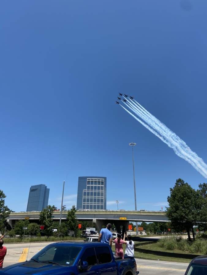 The Blue Angels, pictured here in The Woodlands, flew across the Greater Houston area May 6 to honor front-line COVID-19 fighters. (Nicole Preston/Community Impact Newspaper)