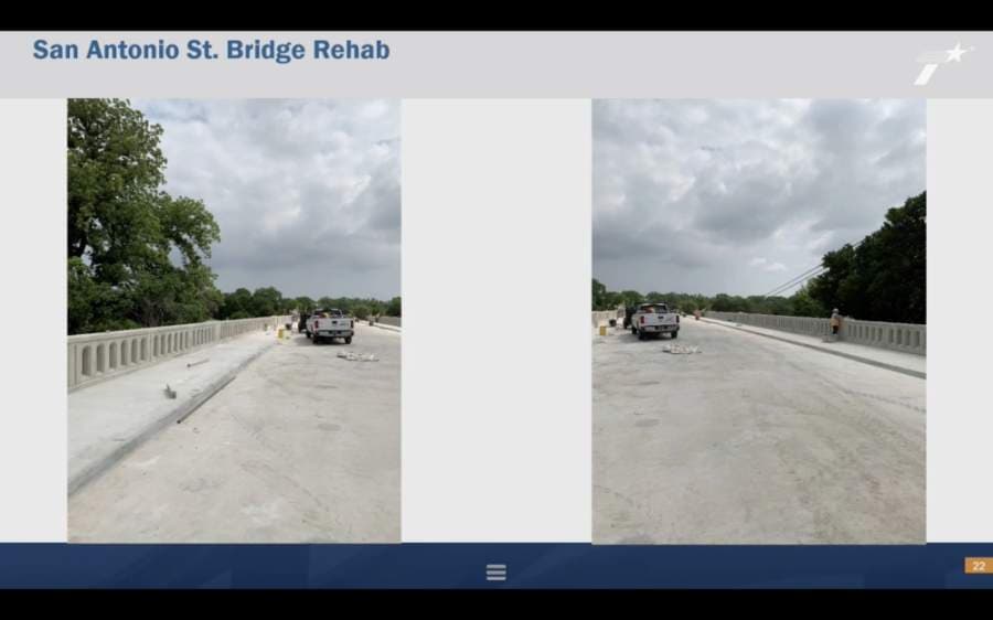 This screenshot from the May 11 City Council meeting shows the recent state of the San Antonio Street Bridge. (Courtesy Texas Department of Transportation)