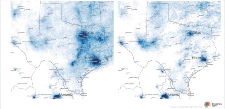 This image shows nitrogen dioxide levels decreased when comparing February data (left) to March data (right). (Courtesy North Central Texas Council of Governments)