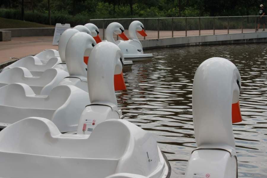 Swan boats sit empty along The Woodlands Waterway. (Andy Li/Community Impact Newspaper)