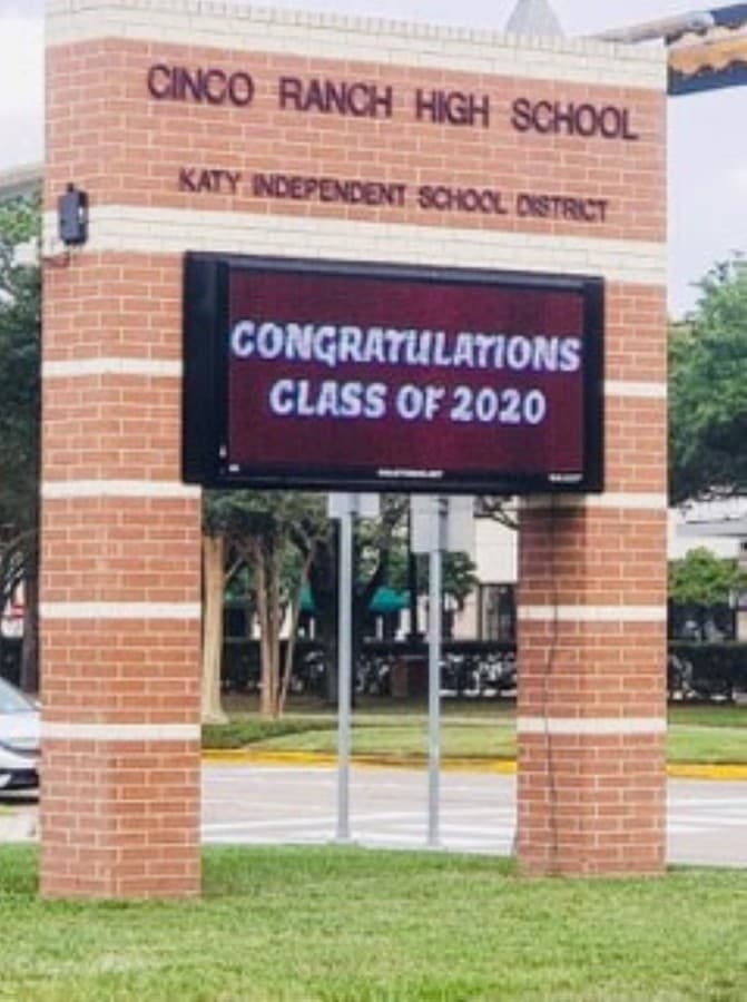 Signage at Cinco Ranch High School congratulates its seniors who are graduating (Courtesy Janie Dale)