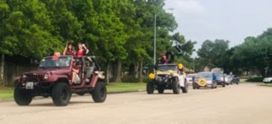 Cinco Ranch High School seniors who attended Fielder Elementary paraded in cars to let the community celebrate their graduation May 21. (Courtesy Janie Dale)