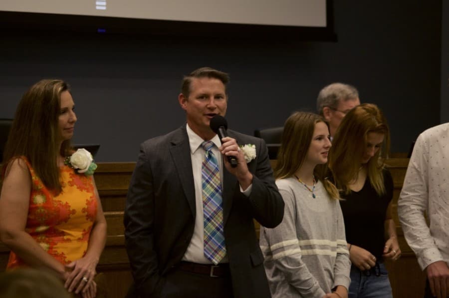 District 5 council member Jason Hurta was sworn in at at Tuesday's City Council meeting, May 26, 2020. (Warren Brown/Community Impact Newspaper)