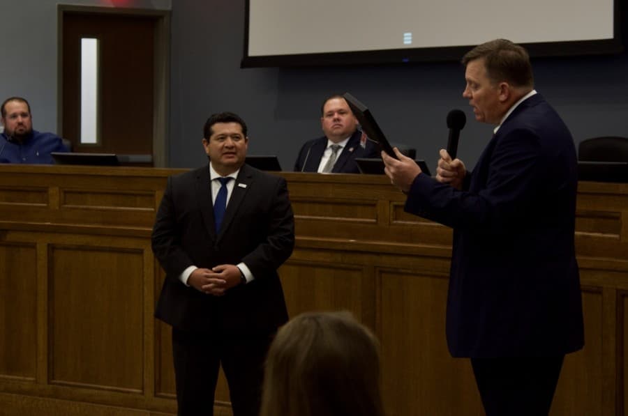 City Manager Robert Camareno was recognized for his contributions to the city of New Braunfels during Tuesday's City Council meeting, May 26, 2020. (Warren Brown/Community Impact Newspaper)