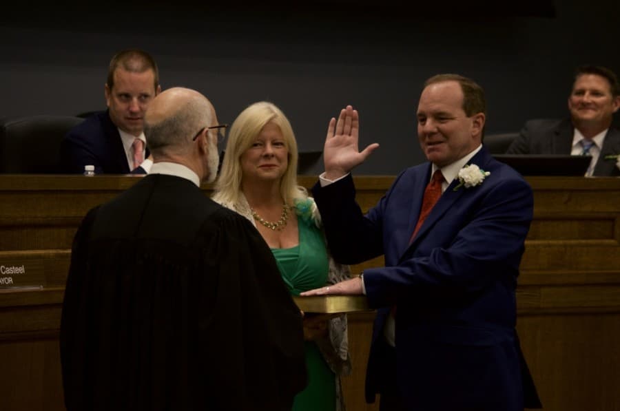 District 6 council member James Blakey is sworn in at Tuesday's City Council meeting, May 26, 2020. (Warren Brown/Community Impact Newspaper)