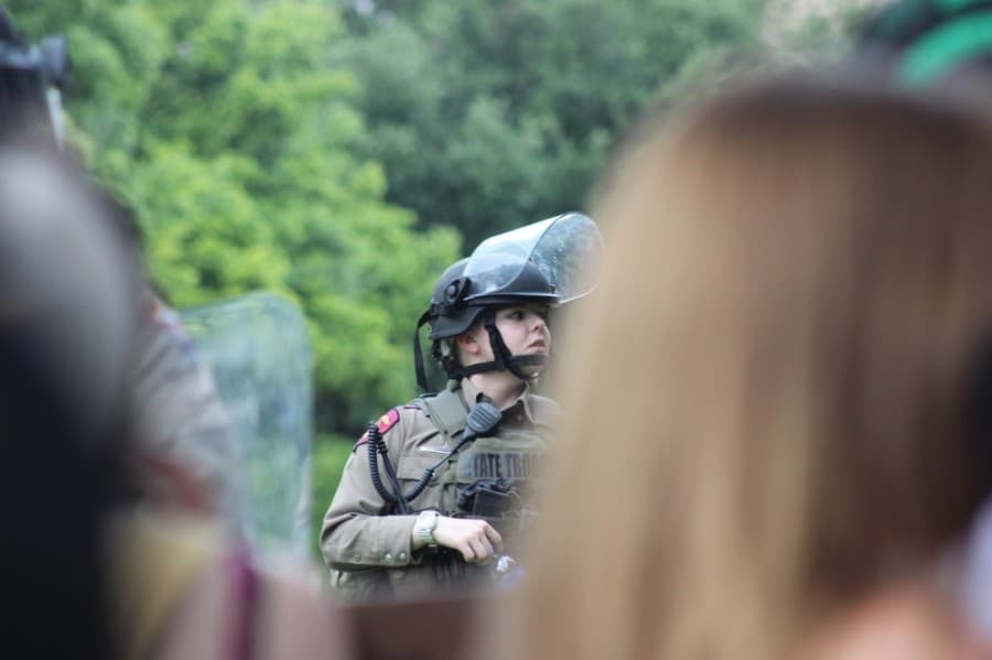 A Texas Ranger stands guard at the Texas Capitol during the demonstrations on May 31. (Christopher Neely/Community Impact Newspaper)