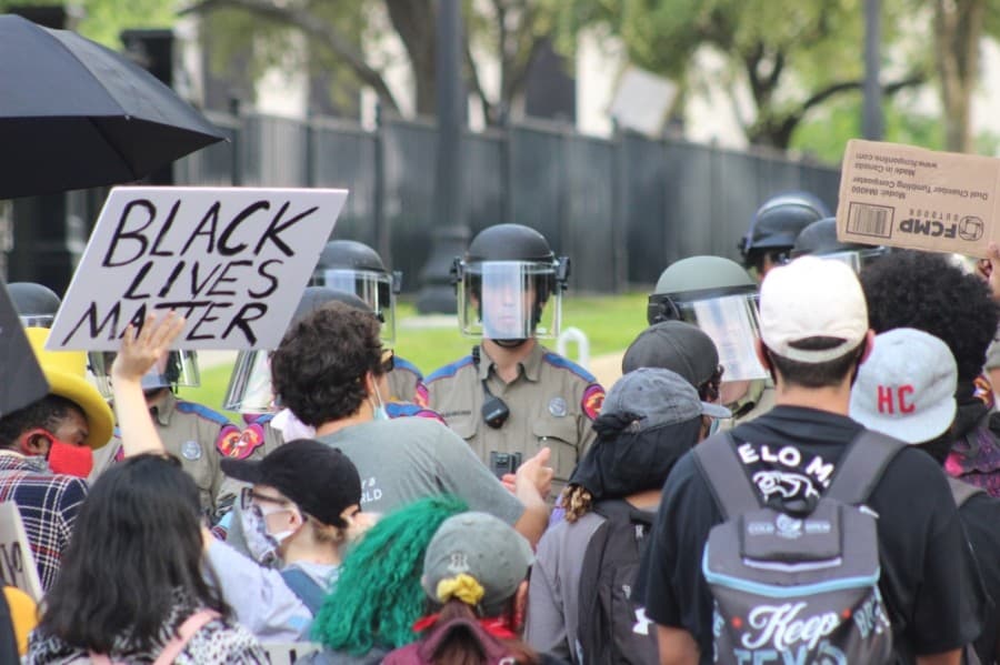 Protesters and Texas Rangers stood face-to-face during demonstrations at the Texas Capitol on May 31. (Christopher Neely/Community Impact Newspaper)