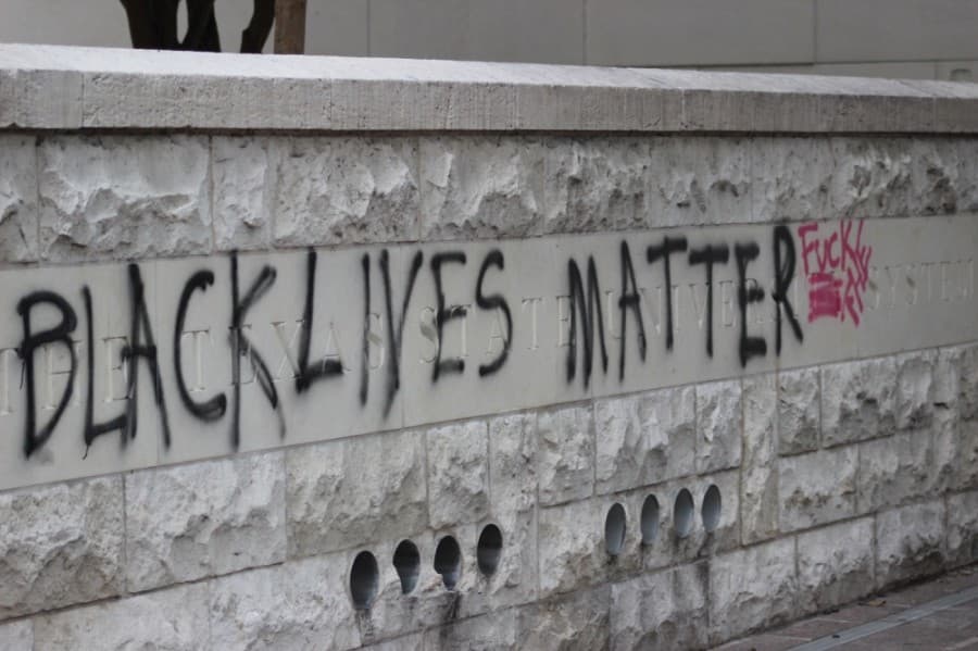 A University of Texas System building was vandalized during the May 31 protests. (Christopher Neely/Community Impact Newspaper)