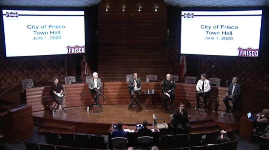 Frisco Mayor Jeff Cheney and Frisco Police Chief David Shilson sat among other city leaders at a June 1 Town Hall meeting. (Courtesy city of Frisco)