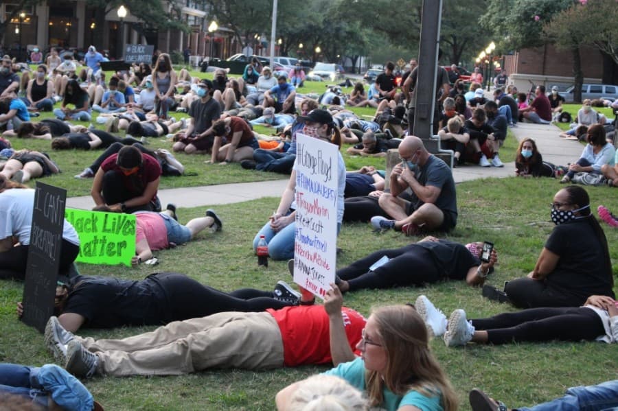 Protesters hold handmade signs while they sit and lay on the grass of Town Center Park on June 1. (Kelly Schafler/Community Impact Newspaper)