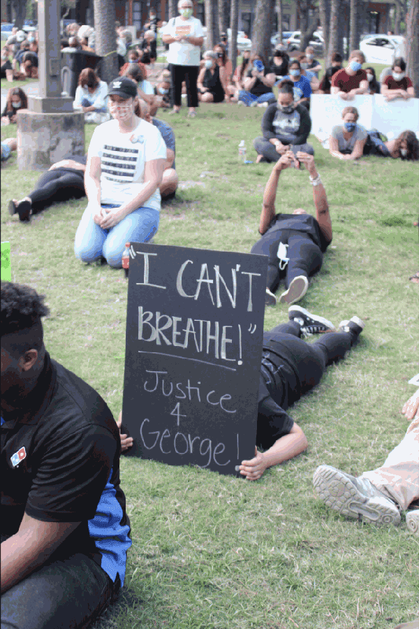 For 8 minutes and 46 seconds, protesters at the Kingwood event lay and sit on the grass of Town Center Park on June 1. (Kelly Schafler/Community Impact Newspaper)