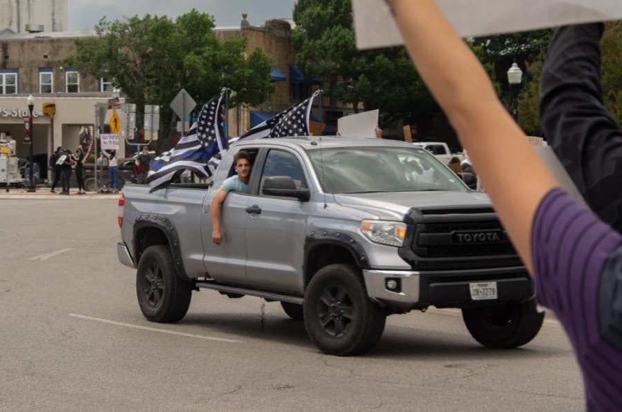 Protesters in downtown New Braunfels made their voices heard on the subject of George Floyd's death. (Warren Brown/Community Impact Newspaper)