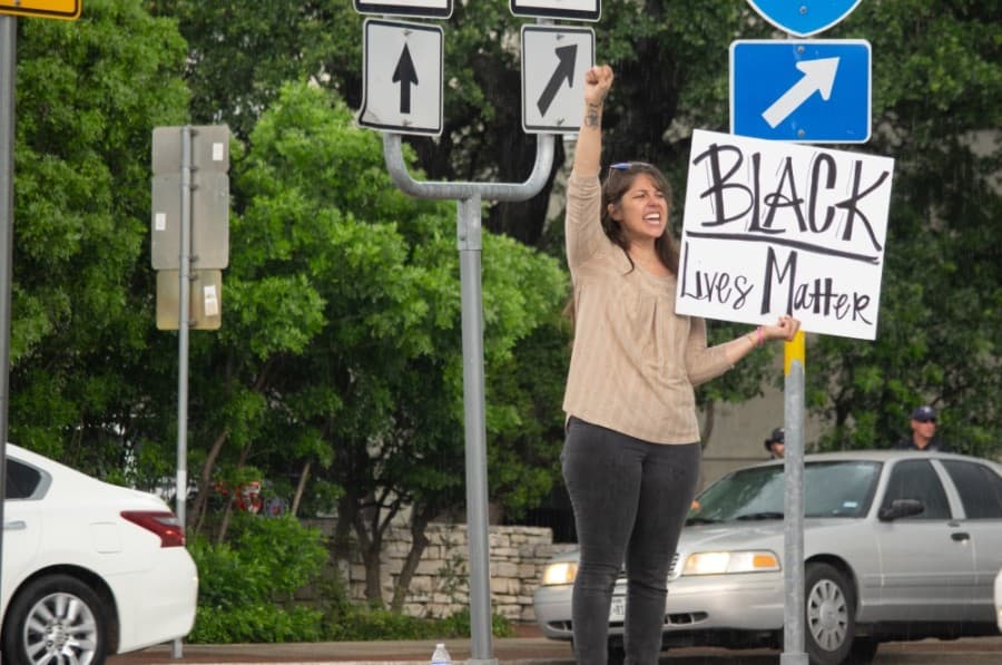 Protesters in downtown New Braunfels made their voices heard on the subject of George Floyd's death. (Warren Brown/Community Impact Newspaper)