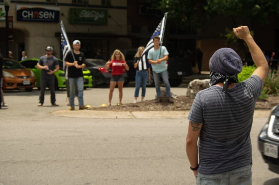 Protesters in downtown New Braunfels made their voices heard on the subject of George Floyd's death. (Warren Brown/Community Impact Newspaper)