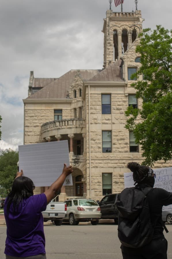 Protesters in downtown New Braunfels made their voices heard on the subject of George Floyd's death. (Warren Brown/Community Impact Newspaper)