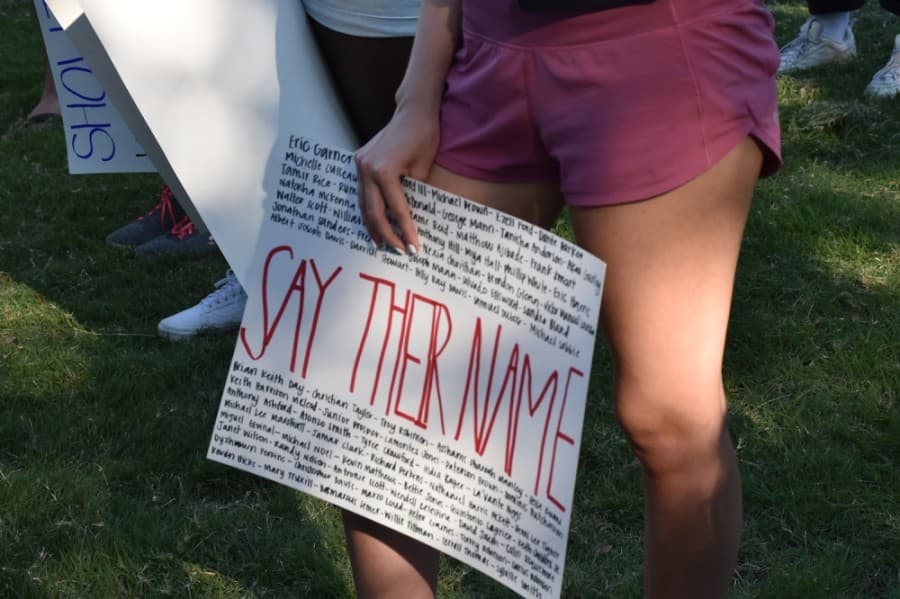 Protesters chanted the names of black people who have died during confrontations with police. (Makenzie Plusnick/Community Impact Newspaper)