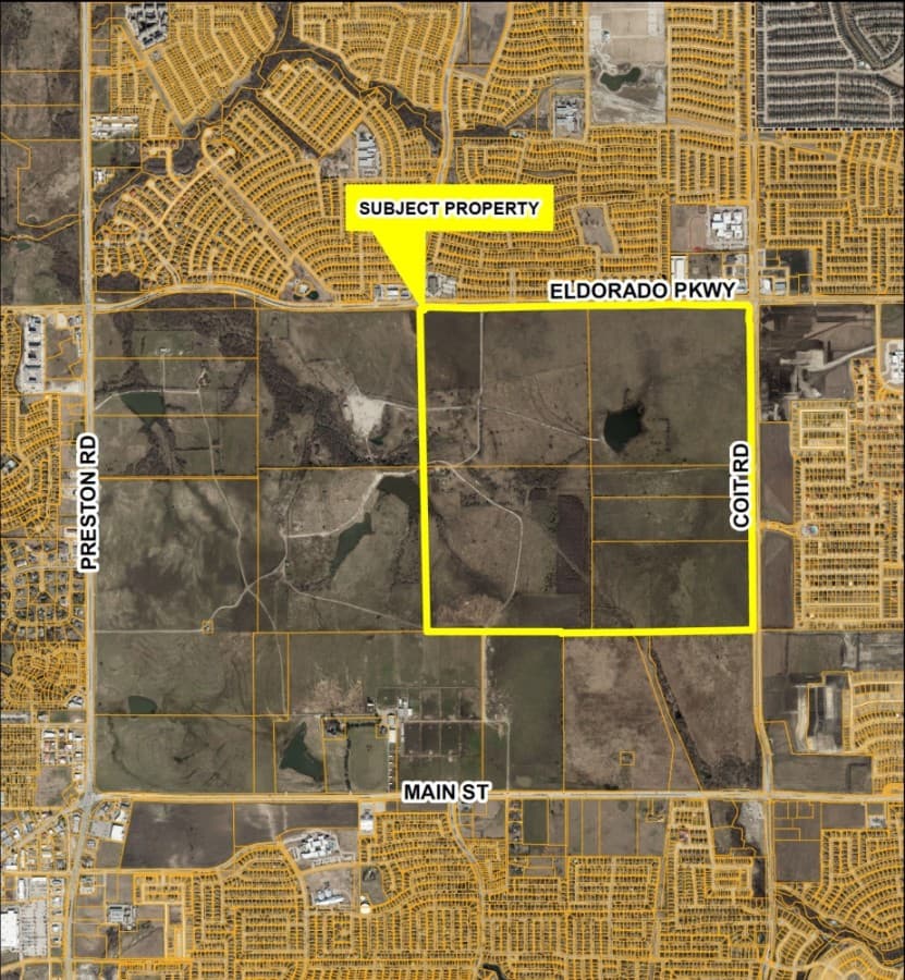 The portion of the Brinkmann Ranch property purchased by Landon Development Company is near the southwest corner of the intersection of Eldorado Parkway and Coit Road. (Courtesy city of Frisco)