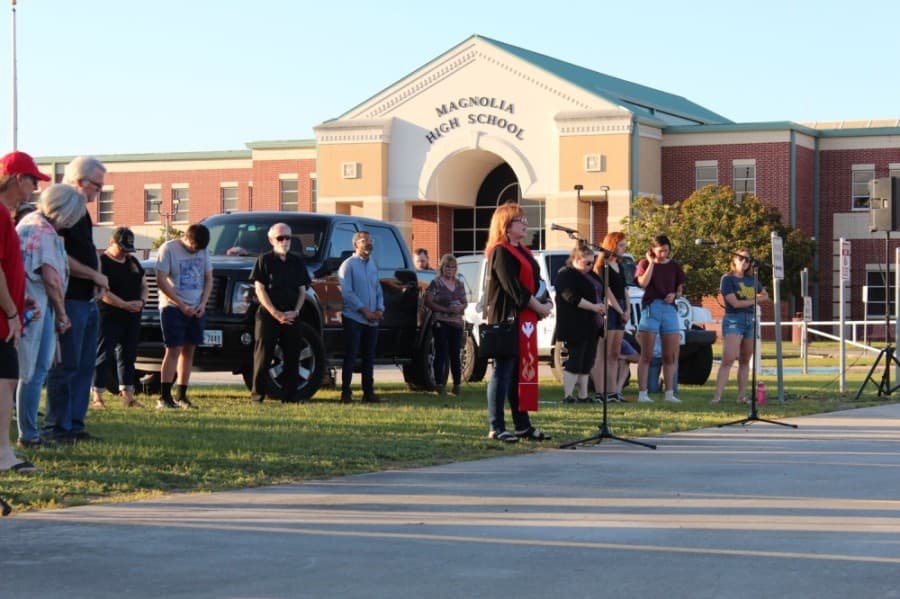 Amy Boriach, associate pastor of Wildwood United Methodist Church, was among those who led attendees in prayer June 5. (Anna Lotz/Community Impact Newspaper)
