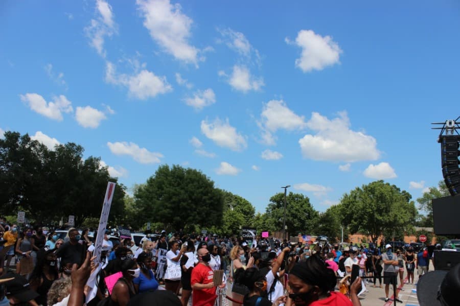 The crowd listens to a speaker June 7 outside the Plano Municipal Center at a rally in support of nationwide police reform. (Daniel Houston/Community Impact Newspaper)