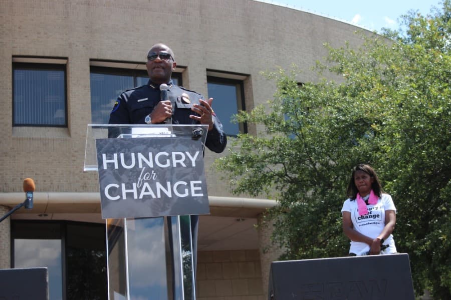 Plano Police Chief Ed Drain addresses a rally of peaceful protesters on June 7. (Daniel Houston/Community Impact Newspaper)