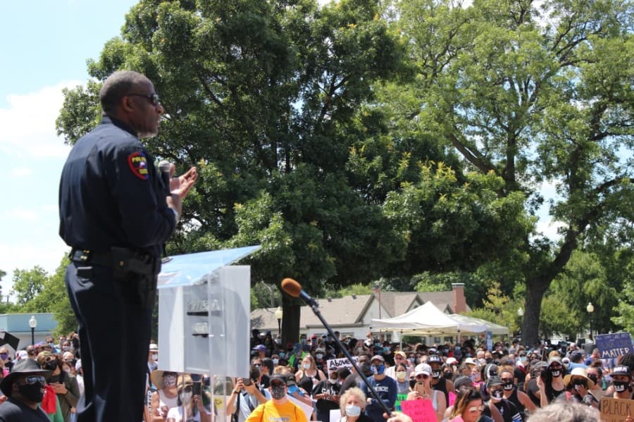 Plano Police Chief Ed Drain addresses a rally of peaceful protesters on June 7. (Daniel Houston/Community Impact Newspaper)