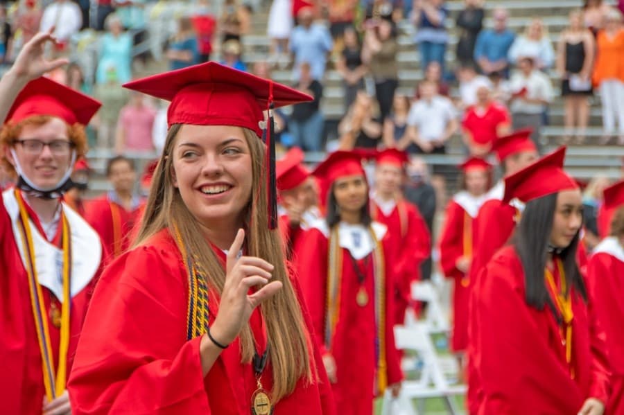 A Langham Creek High School graduate forms the letter "L" with her hand at a June 1 ceremony. (Courtesy Cy-Fair ISD)