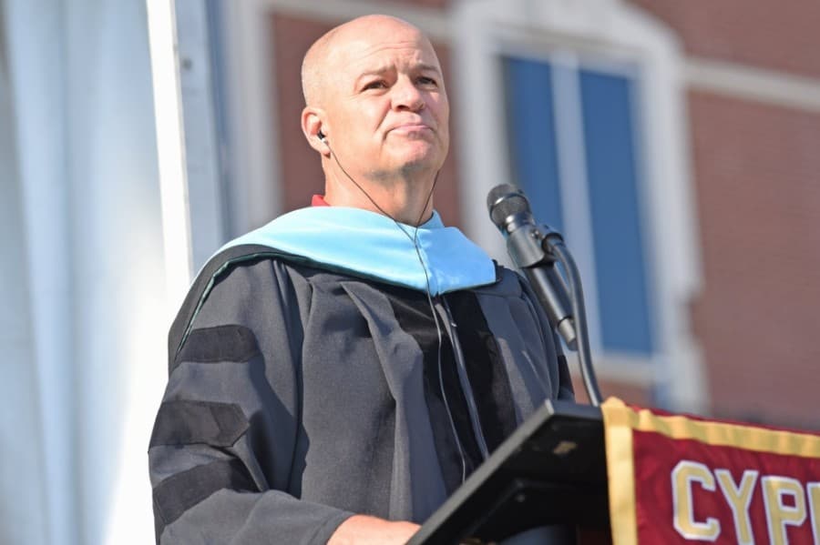 Cy-Fair ISD Superintendent Mark Henry addresses Cypress Woods High School graduates at a June 5 ceremony. (Courtesy Cy-Fair ISD)