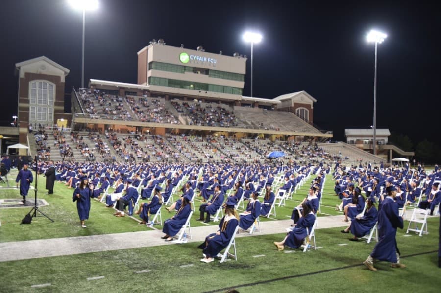 Chairs at a June 6 ceremony for Bridgeland High School are spaced out to comply with social distancing guidelines. (Courtesy Cy-Fair ISD)