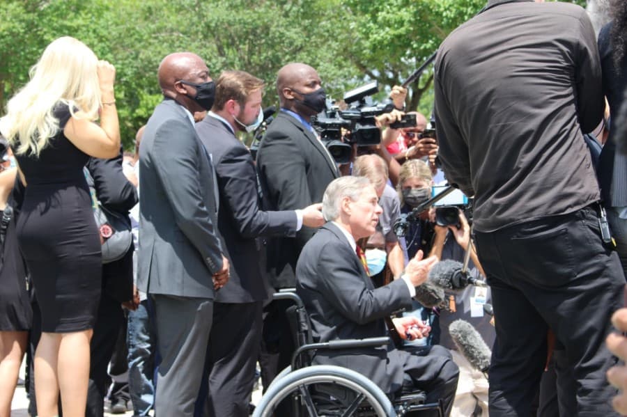 Texas Gov. Greg Abbott spoke to media outside George Floyd's public visitation June 8. (Claire Shoop/Community Impact Newspaper)