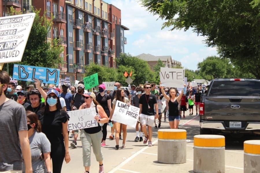 More than 3,000 protesters march through Keller Town Center during a George Floyd protest on June 7. (Ian Pribanic/Community Impact Newspaper)