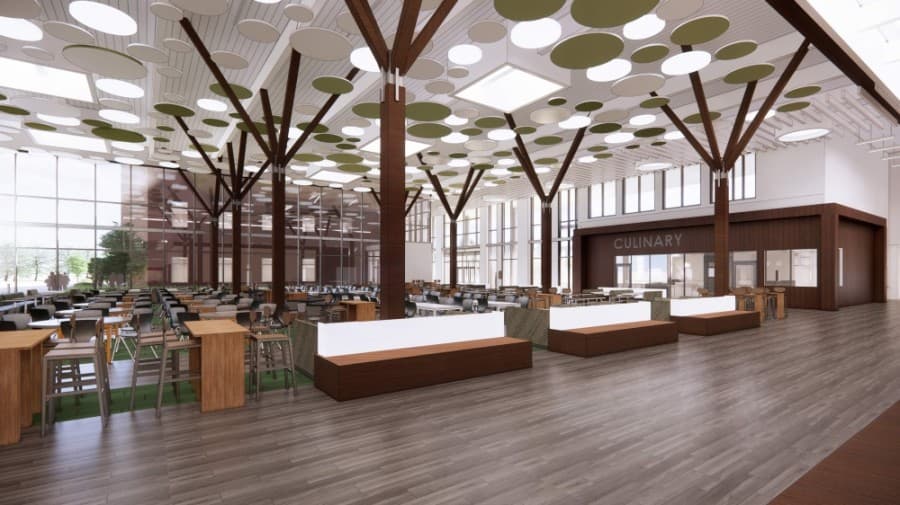 The rebuilt Kingwood Middle School will feature accents inspired by Kingwood being known as the "livable forest." (Rendering courtesy Humble ISD)