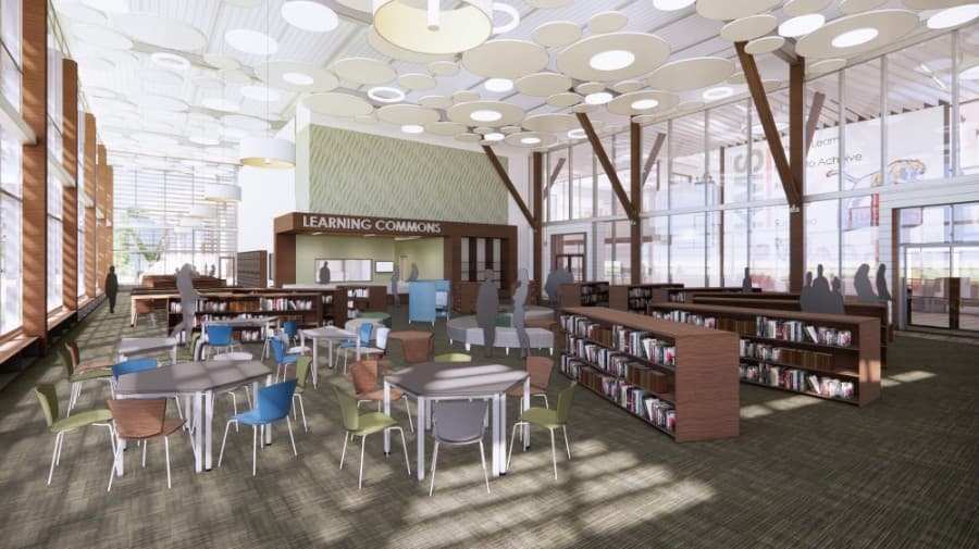 The rebuilt Kingwood Middle School will feature accents inspired by Kingwood being known as the "livable forest." (Rendering courtesy Humble ISD)