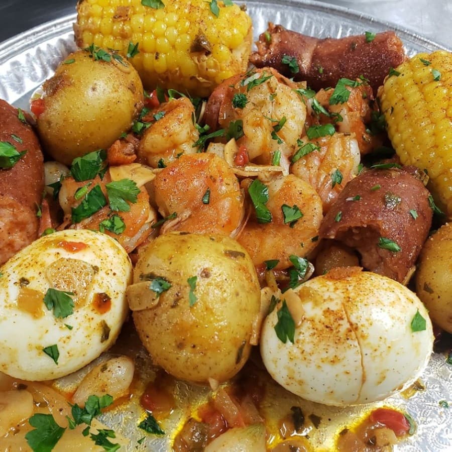 MiMi J's Kitchen offers a biweekly Shrimp Boil ($17.50) on Fridays with seasoned corn, sausage and egg. (Courtesy MiMi J's Kitchen)