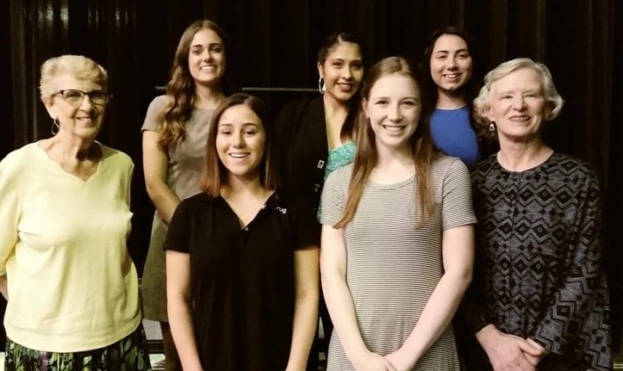 Pat Rehm (far left) and Terry Whaley (far right) American Association of University Women Georgetown co-presidents, joined last year's scholarship winners at the Georgetown ISD awards ceremony on May 13, 2019. Winners on the front row from left are: Mary Ellen Ruemmler and Daniella Palacios from East View High School. In the back row from left are: Lindsey Jensen and Kathryn Massey from Georgetown High School and Roxanne Odiorne from East View High School. (Courtesy American Association of University Women Georgetown)