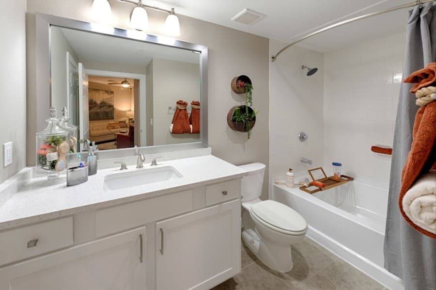 In-unit bathrooms at Boardwalk at Town Center feature framed mirrors and brushed nickel hardware. (Courtesy Hugh Hargrave)