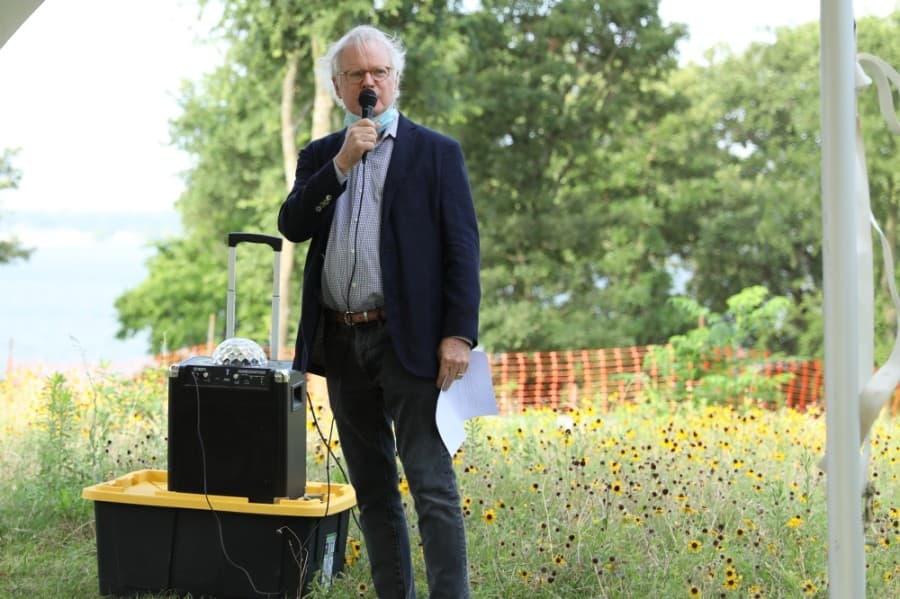 Peter B. Stewart, son of landowner Peter P. Stewart, spoke at the groundbreaking. (Liesbeth Powers/Community Impact Newspaper)