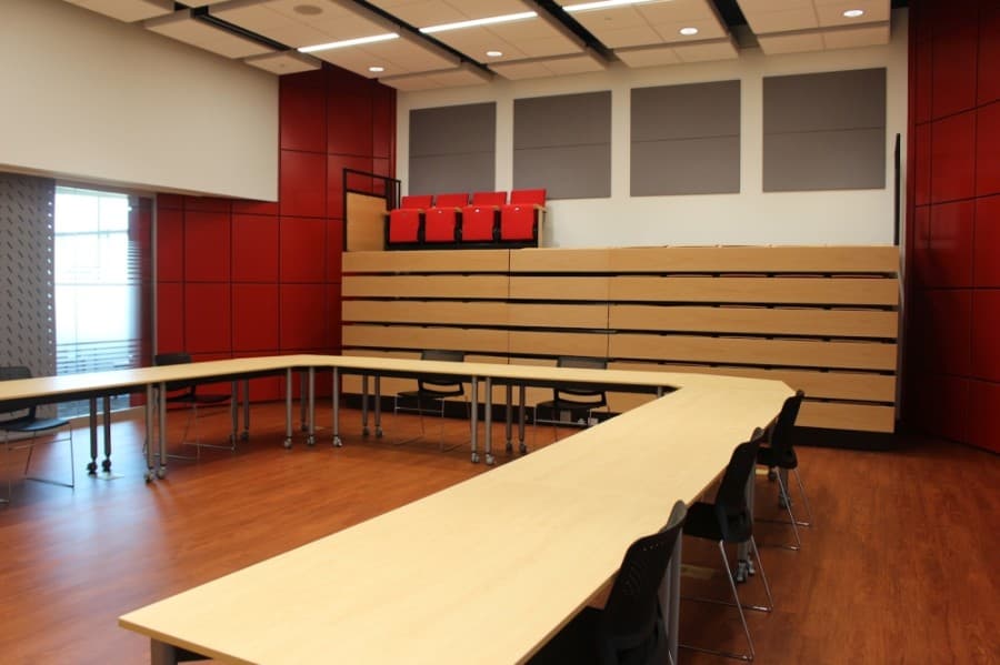 The Bailey is a multipurpose room at the library that features flexible seating arrangements, including retractable lecture hall seating. (Miranda Jaimes/Community Impact Newspaper)